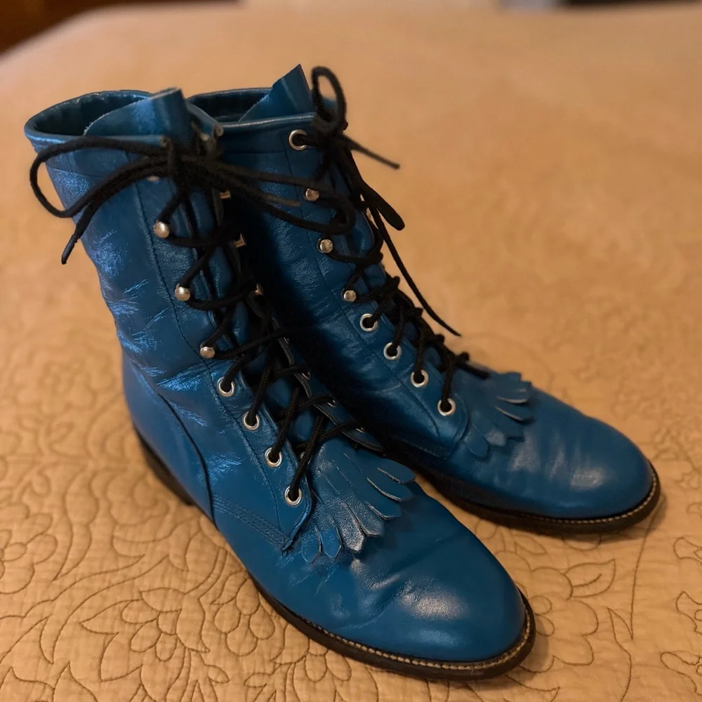 VTG Justin 80s 90s Teal Turquoise Blue Lace-Up Kiltie Roper Granny Boots 7.5-8 - Picture 7 of 11